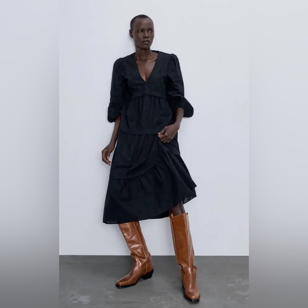 Zara Black Cotton Embroidered Midi Dress Prairie